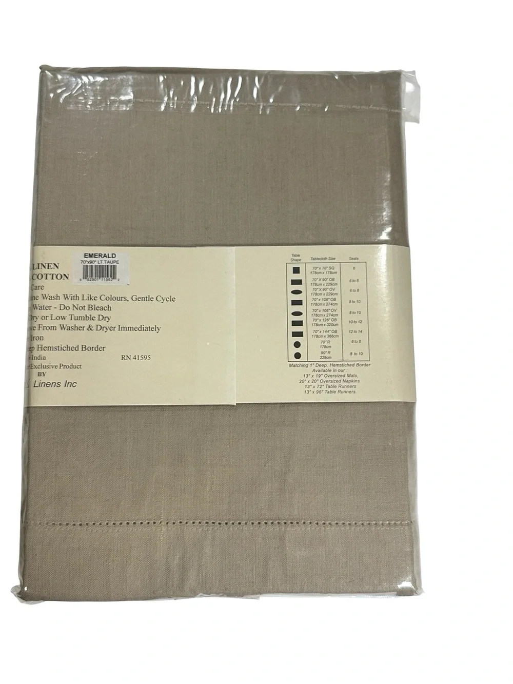 Emerald Linens Taupe Hemstitched Linen Cotton Tablecloth 70x90 Banquet Size NIP